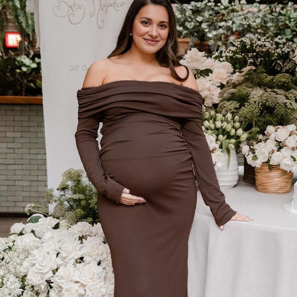 Momsmood Off Shoulder Ruched Flare Sleeve Mermaid Bodycon Fashion Photoshoot Baby Shower Maternity Maxi Dress
