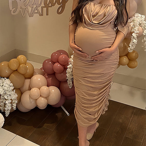 Momsmood Khaki Ruched Off Shoulder Belly Friendly Baby Shower Club Party Tube Bodycon Maternity Midi Dress