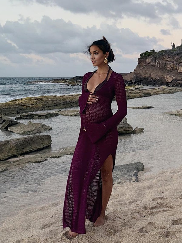 Momsmood Purple Skeleton Metal Decoration Side Slit Beach Vacation Baby Shower Maternity Photoshoot Maxi Dress