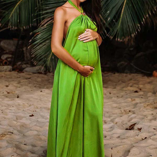 Green Halter Neck Sleeveless Maternity Photoshoot Maxi Dress