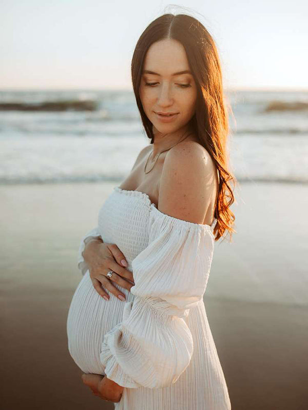 Momsmood White Ruffle Ruched High Waist Puff Sleeve Cute Photoshoot Maternity Maxi Dress