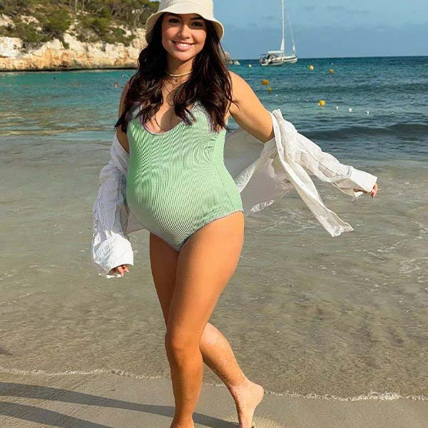 Momsmood Green One Piece Solid Color Bikini U-neck Beach Vacation Maternity Swimwear