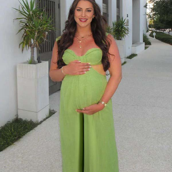 Green Cut Out Backless Wide Leg Vacation Maternity Jumpsuit Outfit