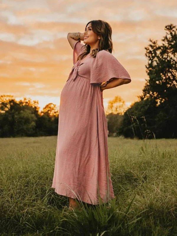 Momsmood Bow Flutter Sleeve Solid V-neck Flowy Vacation Beach Cute Baby Shower Photoshoot Maternity Maxi Dress