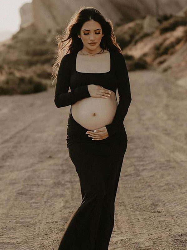 Momsmood Black Cut Out Mermaid Crop Long Sleeve Backless Bodycon Cocktail Club Party Photoshoot Maternity Maxi Dress