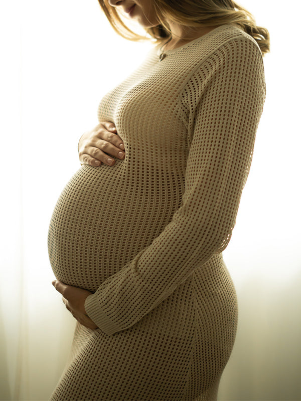 Momsmood Beige Back Tie Knit Cut Out Flare Sleeve Elegant Photoshoot Baby Shower Maternity Maxi Dress