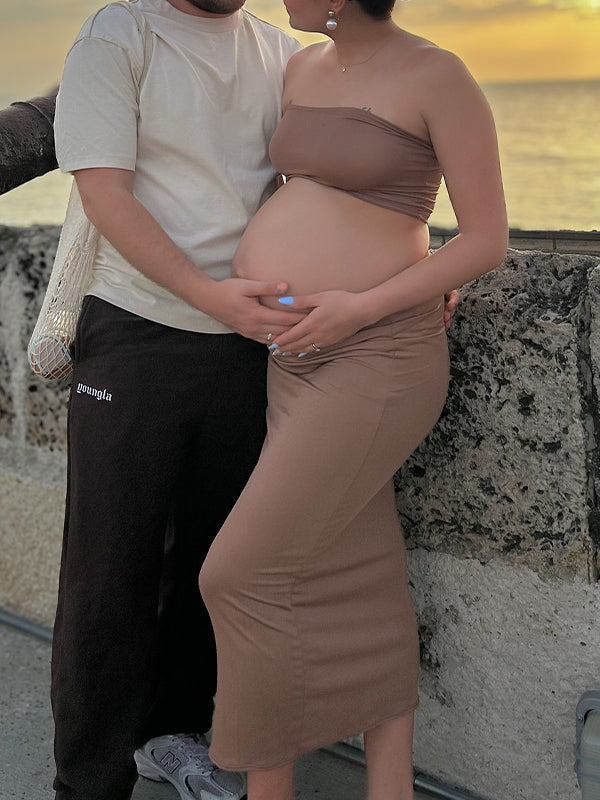 Skin Colour Two Piece Bodycon Maternity Photoshoot Maxi Dress