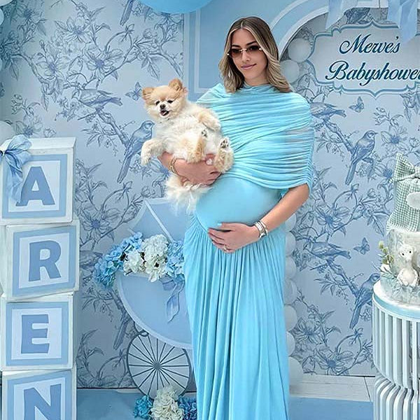 Light Blue Ruched Irregular Neck Baby Shower Maternity Maxi Dress