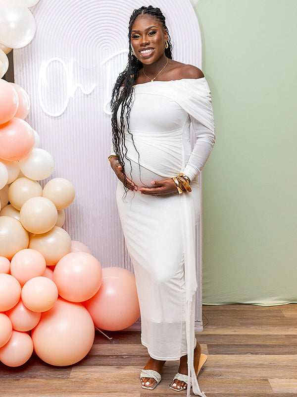 Momsmood White Mesh Irregular Ruched Draped Off Shoulder Bodycon Elegant Cocktail Party Gown Maternity Photoshoot Baby Shower Maxi Dress
