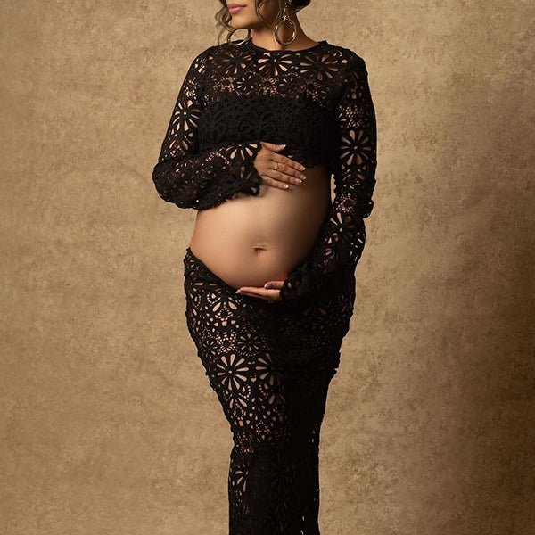 Momsmood Black Lace Skeleton Two Piece Bodycon Beach Vacation Baby Shower Maternity Photoshoot Suits