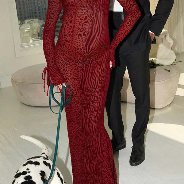 Momsmood Red Leopard Backless Slit Flare Sleeve Sheer Bodycon Party Baby Shower Maternity Maxi Dress