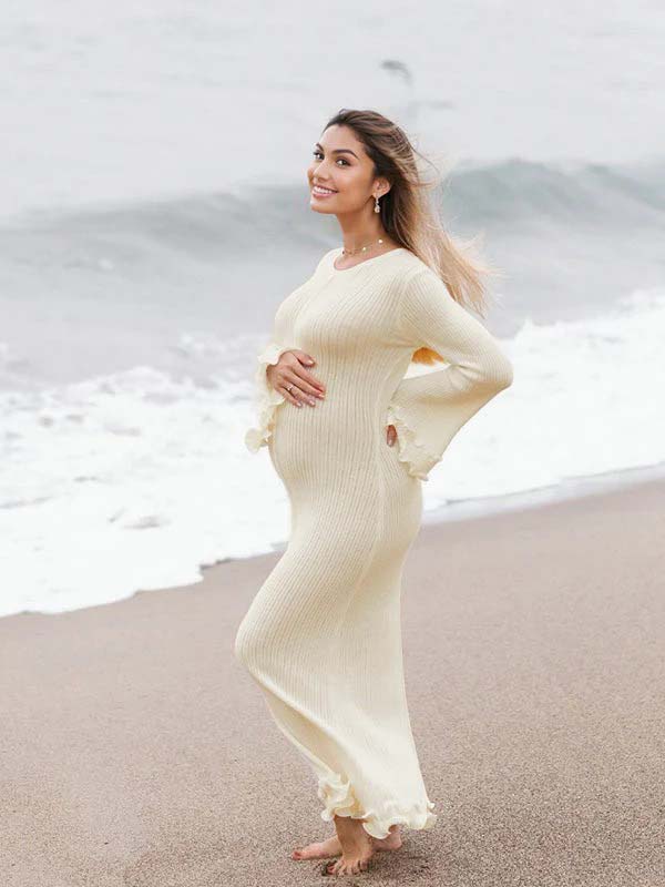 Momsmood White Knit Pleated Tie Back Ruffle Falbala Frill Hem Backless Big Swing Elegant Cocktail Party Gown Maternity Photoshoot Baby Shower Maxi Dress