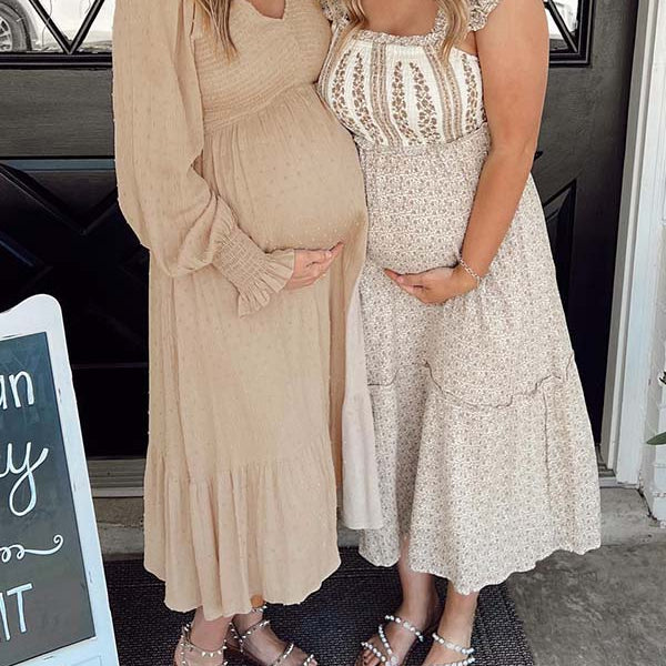 Momsmood Apricot Smocked Flouncy V neck Daily Going out Baby Shower Maternity Photoshoot Midi Dress