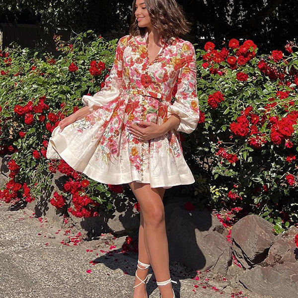 Momsmood Floral Single Breasted Belt A-line Lantern Sleeve Elegant Maternity Baby Shower Mini Dress