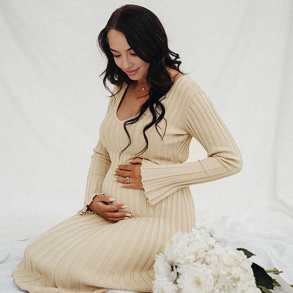 Momsmood Knit Pleated Big Swing V-neck Plus Size Sweater Elegant Going Out Maternity Photoshoot Baby Shower Maxi Dress