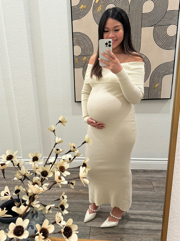 Momsmood Off Shoulder Knit Bodycon Mermaid Going Out Baby Shower Maternity Sweater Maxi Dress