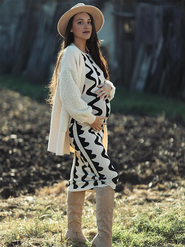 Momsmood Beige Wavy Edge Cut Out Bodycon Elegant Photoshoot Baby Shower Maternity Maxi Sweater Dress