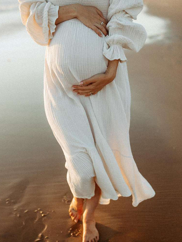 Momsmood White Ruffle Ruched High Waist Puff Sleeve Cute Photoshoot Maternity Maxi Dress