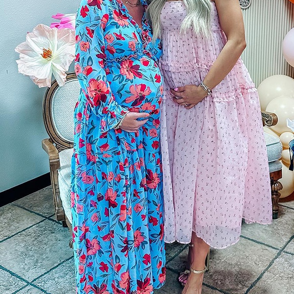Momsmood V neck Crushed Flower Tulle Vacation Beach Baby Shower Maternity Photoshoot Maxi Dress