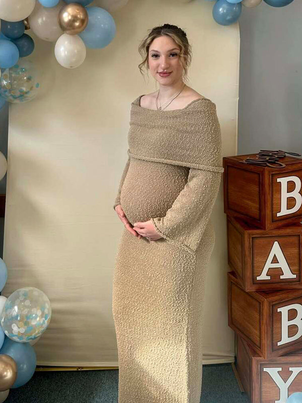 Momsmood Solid Color Off Shoulder Knitwear Bodycon Beach Vacation Dress Baby Shower Maternity Maxi Dress