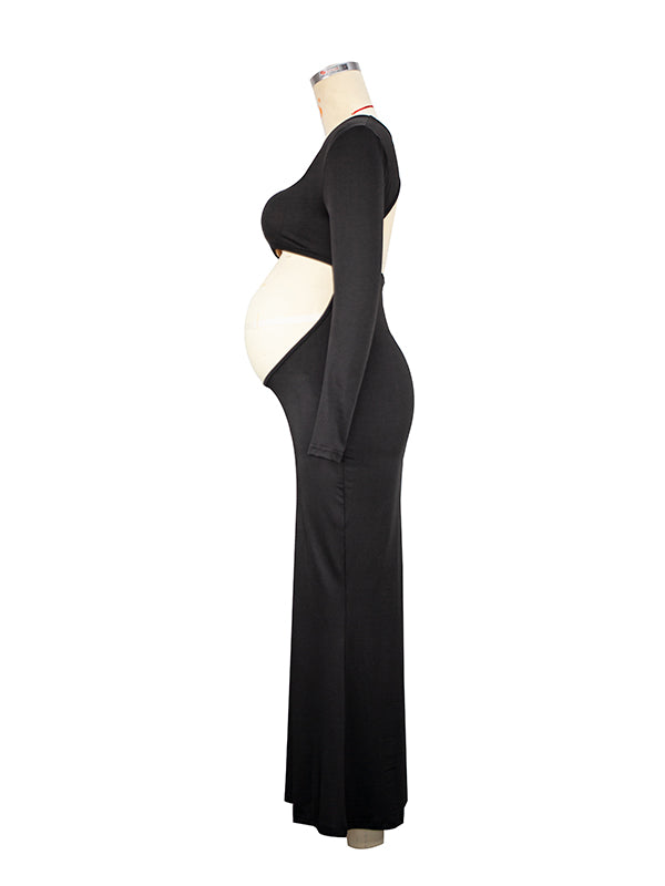 Momsmood Black Cut Out Mermaid Crop Long Sleeve Backless Bodycon Cocktail Club Party Photoshoot Maternity Maxi Dress