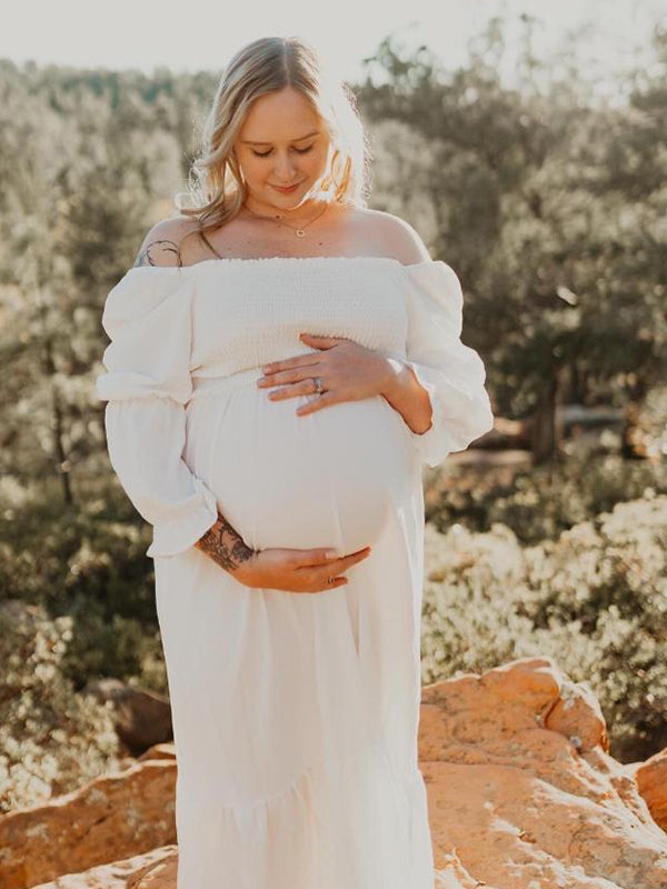 Momsmood White Ruffle Ruched High Waist Puff Sleeve Cute Photoshoot Maternity Maxi Dress