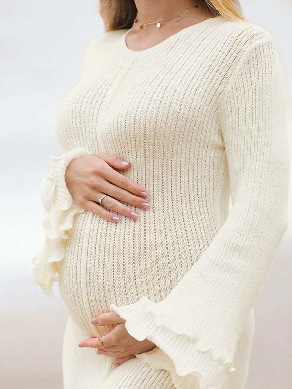 Momsmood White Knit Pleated Tie Back Ruffle Falbala Frill Hem Backless Big Swing Elegant Cocktail Party Gown Maternity Photoshoot Baby Shower Maxi Dress