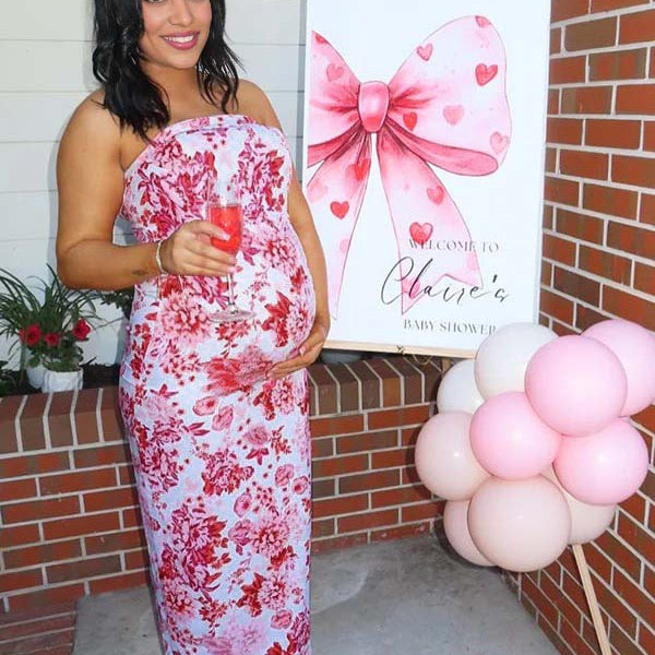 Momsmood Red Strap Stamp Open Back Side Slit Banquet Baby Shower Maternity Photoshoot Maxi Dress