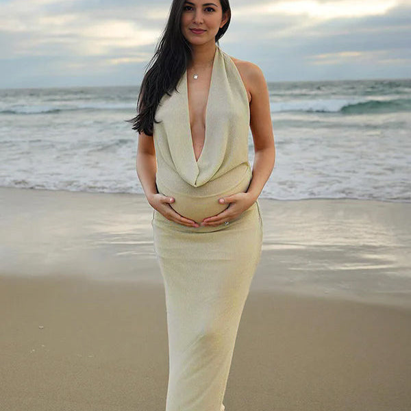 Momsmood White Halter Neck Draped Collar Backless Solid Color Bodycon Elegant Evening Photoshoot Maternity Maxi Dress