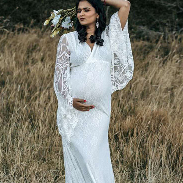 Momsmood Maternity White Lace V-Neck Flare Sleeve Mermaid Elegant Photoshoot Maxi Dress