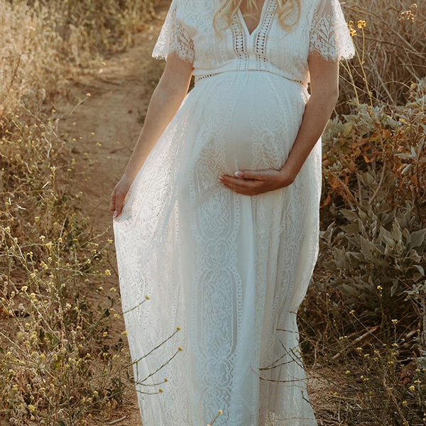 Momsmood Maternity White Lace Tulle Ruffle Embroidery Cut Out V-neck Photoshoot Maxi Dress