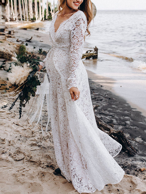 Momsmood Maternity White Lace V-neck Backless Big Swing Wedding Gown Elegant Evening Maxi Dress