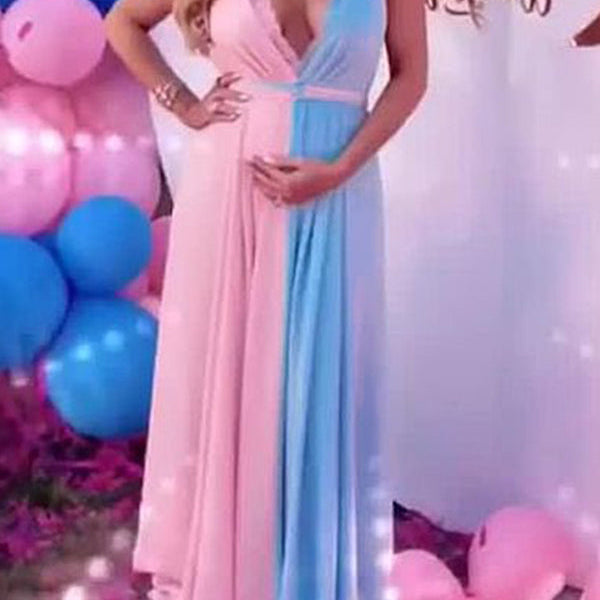 Momsmood Maternity Pink-blue Patchwork Lace Slit Belt Cami Backless Elegant Gender Reveal Maxi Dress