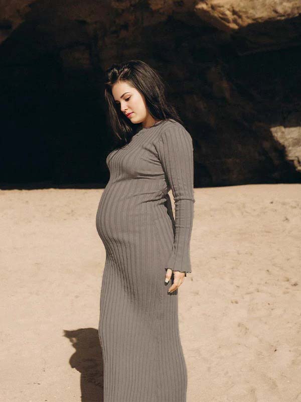 Momsmood Pit Strip Back Belted Round Neck Flare Sleeve Bodycon Photoshoot Baby Shower Maternity Maxi Sweater Dress
