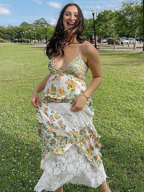 Momsmood V neck Lace-up Stamp Duty Spaghetti Strap Spliced Beach Vacation Baby Shower Maternity Photoshoot Maxi Dress