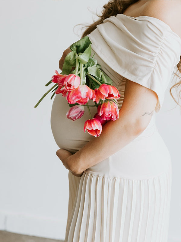 Apricot Off Shoulder Drop Waist Maternity Maxi Dress