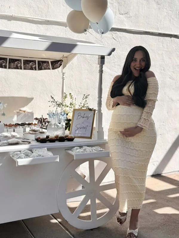 Momsmood Beige Lace Off Shoulder Ruffle Falbala Bodycon Elegant Maternity Baby Shower Maxi Dress