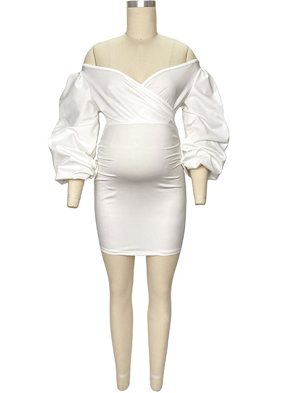 Momsmood White Off Shoulder Lantern Sleeve Bodycon Party Cute Formal Baby Shower Maternity Mini Dress