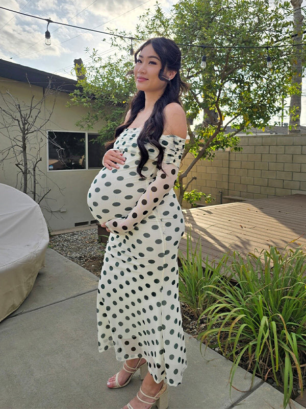 Momsmood White Off Shoulder Olive Green Polka Dot Bodycon Boho Photoshoot Baby Shower Maternity Maxi Dress