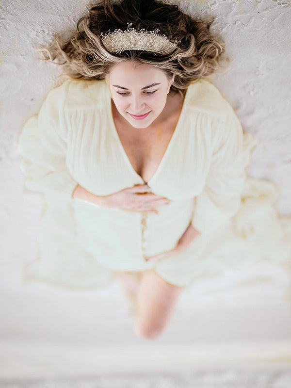 Momsmood Ivory White Single Breasted Open Front Big Swing Deep V-neck Robe Elegant Wedding Gown Maternity Boho Photoshoot Maxi Dress