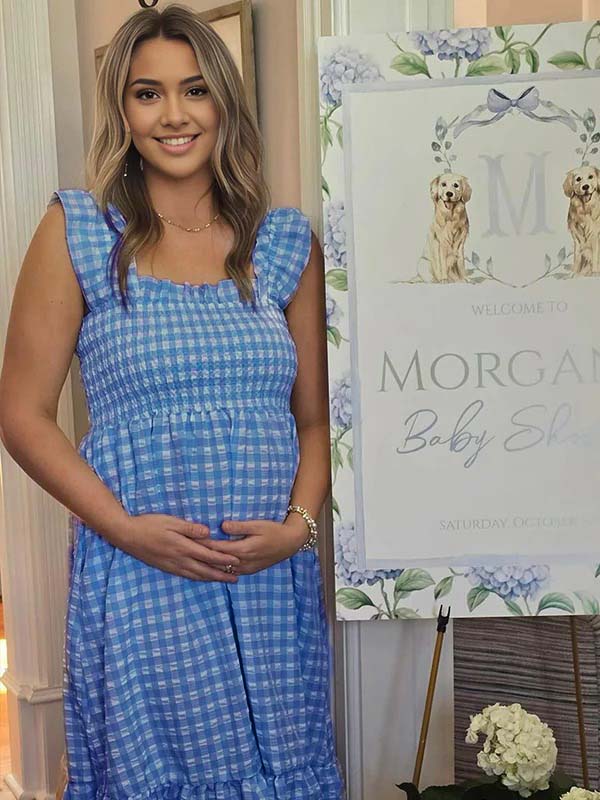 Momsmood Blue Plaid Smocked Ruffle Falbala Square Neck Big Swing Elegant Maternity Baby Shower Maxi Dress
