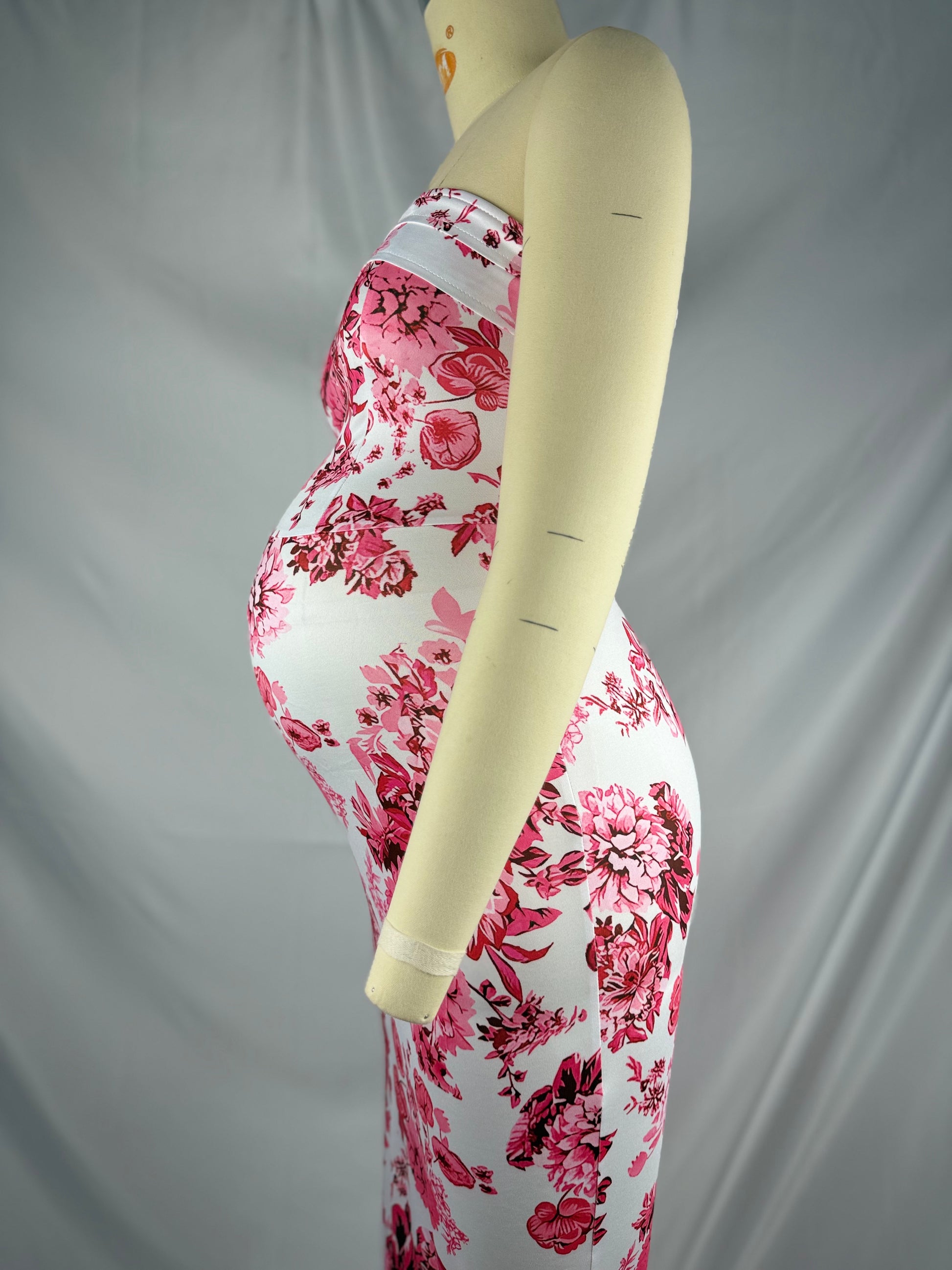 Momsmood  Red Strap Stamp Open Back Side Slit Banquet Baby Shower Maternity Photoshoot Maxi Dress