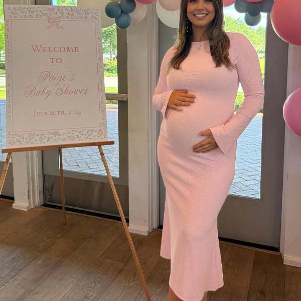 Momsmood Pink Smocked Baby Shower Girl Maternity Maxi Dress