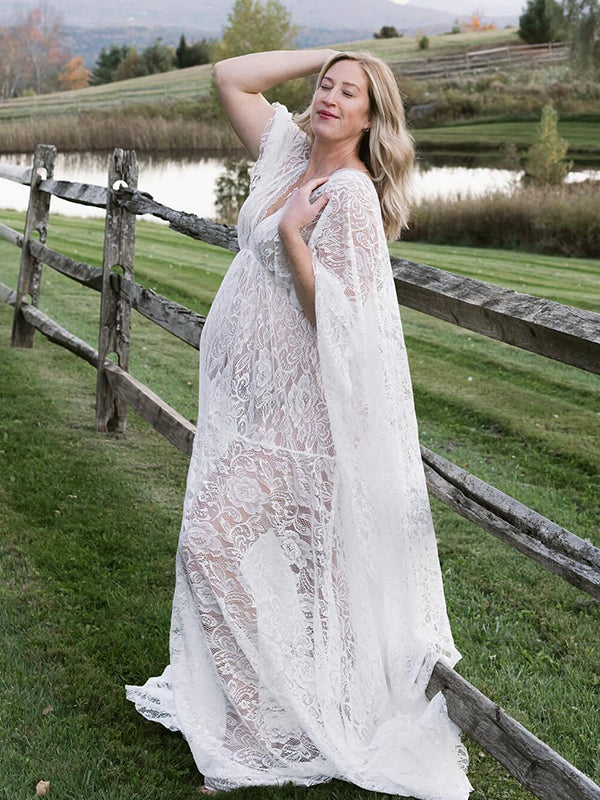 Momsmood Floral Lace Backless Boho Flare Sleeve Pregnant Maternity Photoshoot Maxi Dress