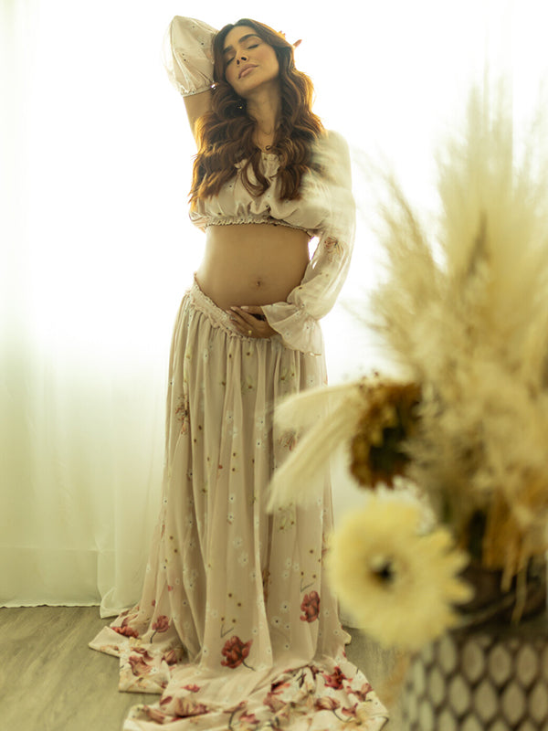 Momsmood Two Piece Boho Flower Embroidery Boho Off Shoulder Grenadine Crop Bandeau Photoshoot Maternity Maxi Dress