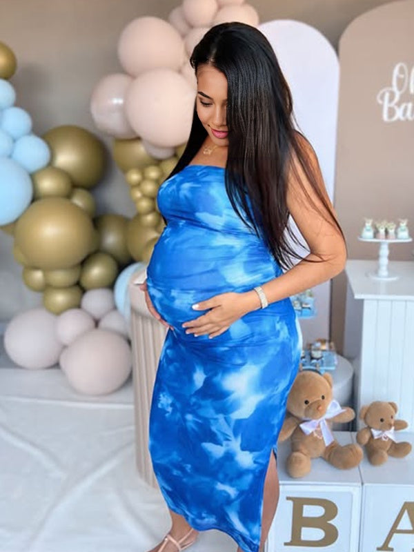 Momsmood Lake Blue Stamp Duty Side Slit Open Back Party Banquet Baby Shower Maternity Photoshoot Maxi Dress