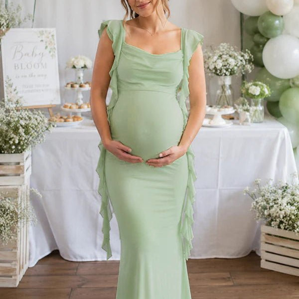Elegant Green Backless Ruched Falbala Side Draped Maternity Maxi Dress