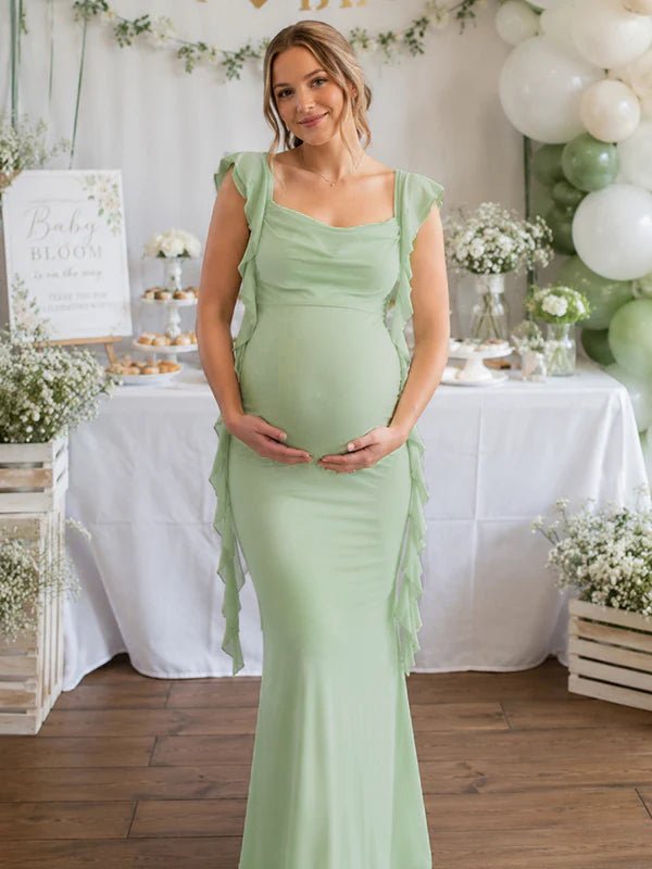Elegant Green Backless Ruched Falbala Side Draped Maternity Maxi Dress