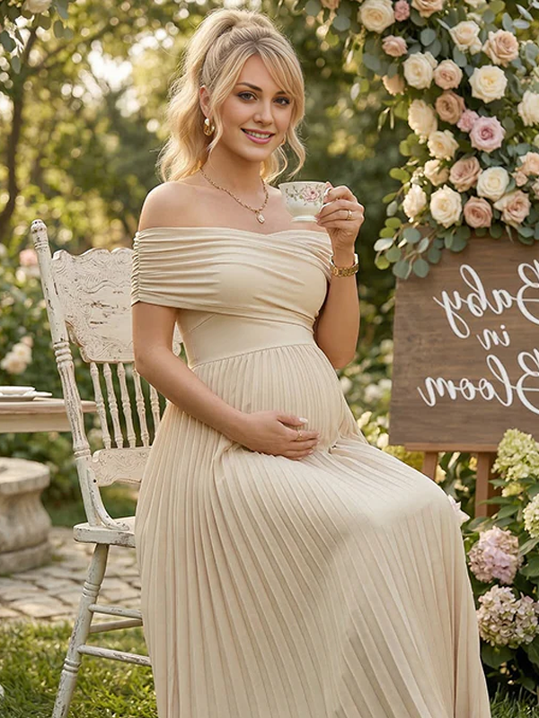 Off Shoulder Twist Front Draped Maternity Maxi Dress with Pleated Skirt