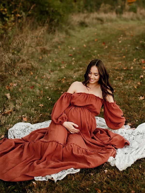 Momsmood Orange Off Shoulder Side Slit Ruffle Photoshoot Maternity Maxi Dress